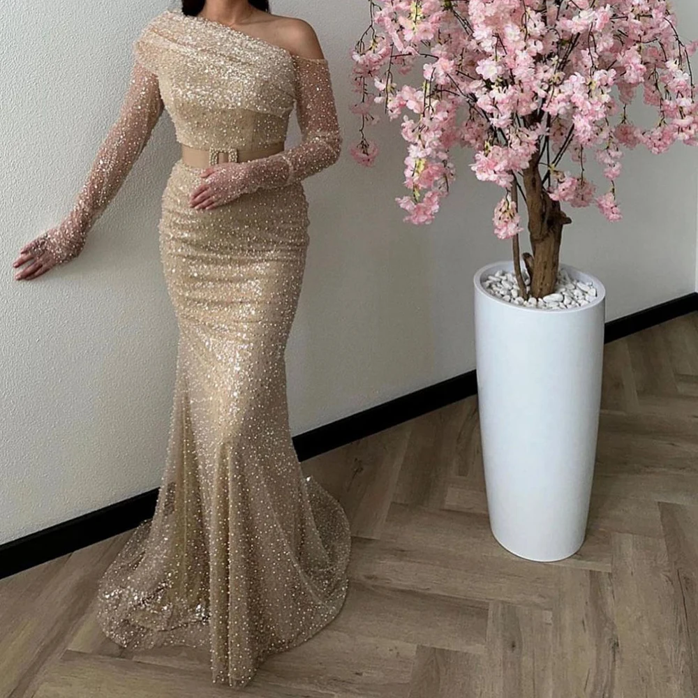 

One Shoulder Long Sleeve Mermaid Sweep Train Sequined Pleat Evening Dress for Elegant Women Special Event Vestidos Prom Dresses