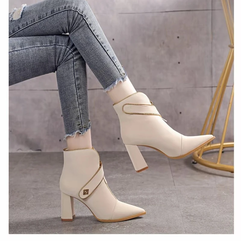 أحذية السيدات في الربيع والخريف عصرية وأنيقة، مع كعب مربع مدبب وكعب بسحاب للخروج من أجل أ #5