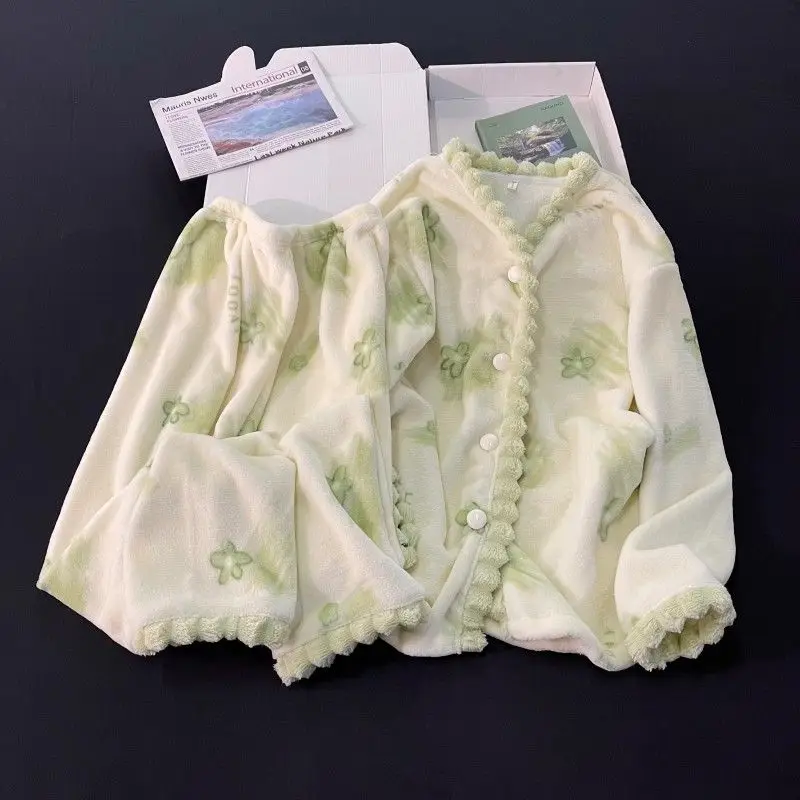 

HOT coral fleece leisure wear autumn and winter keep warm blue thicken Korean style leisure Loungewear set dopamine new style