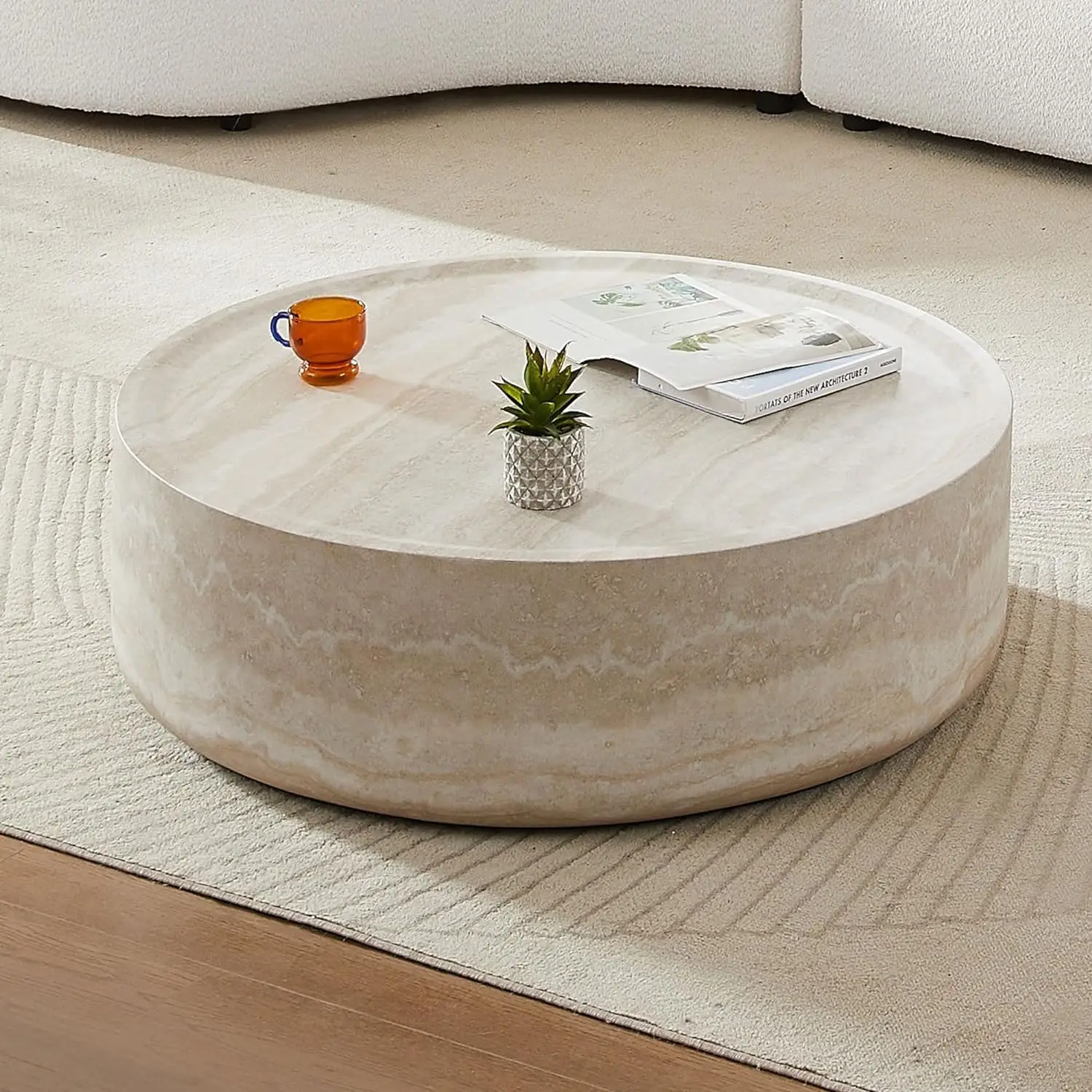 31.49'' Round Coffee Table in Faux Marble, Modern Circle Fiberglass Drum Stone Center Side Tea