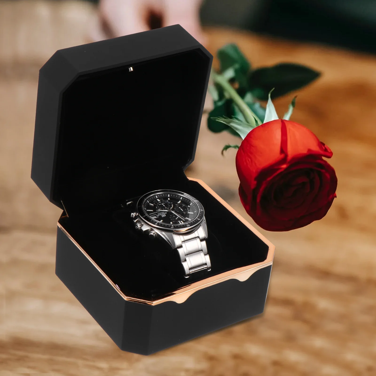 

Led Watch Box Octagonal Gold-Rimmed Paint Storage Container Light Blue Interior Durable Portable Watch Display Case For