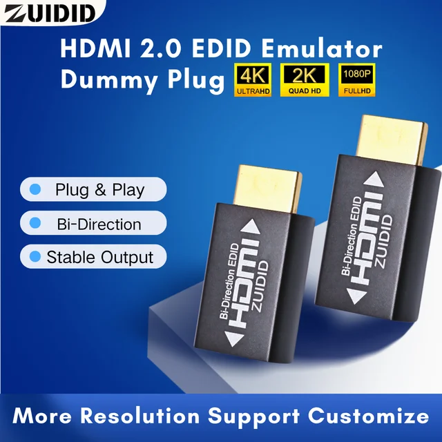 ZUIDID Emulator HDMI EDID Adapter Passthrough Dummy Plug do przedłużacza/przełącznika KVM/odbiornika AV/rozdzielaczy wideo/PS5/Remote Desktop
