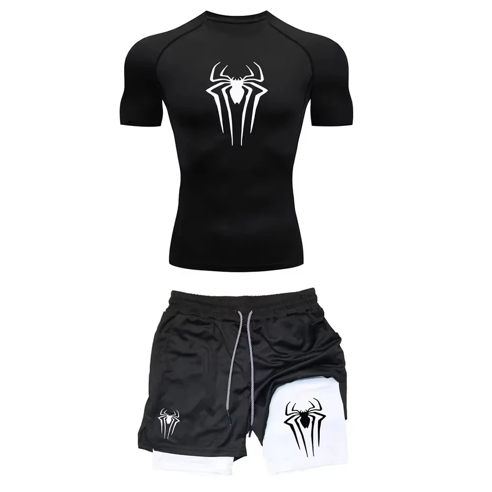 Men's Workout Compression Set  Spider Printed Gym Tshirts Breathable Running Shorts Quick Dry Sports Rash Guard Sportwear Set846