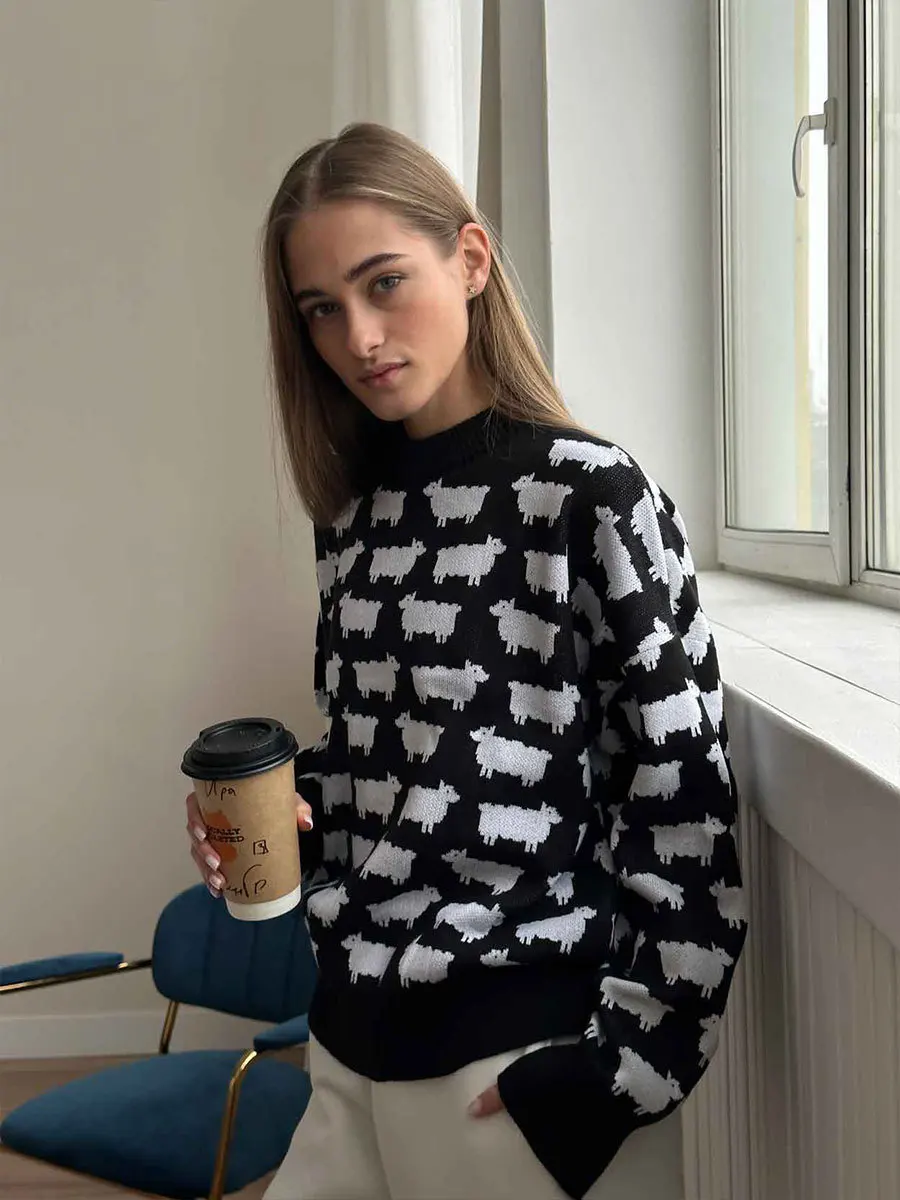 Autumn Winter Round Neck Sheep Sweater Pullover New Student Women\'s Loose Casual O Neck Sweater Jacket Coat