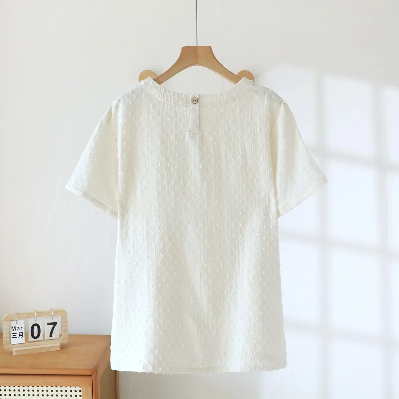 Women's Cream Cotton Gauze Textured T-Shirt, Round Neck Short Sleeve Soft Breathable Summer Home Wear, Relaxed Fit Casual Top view 4
