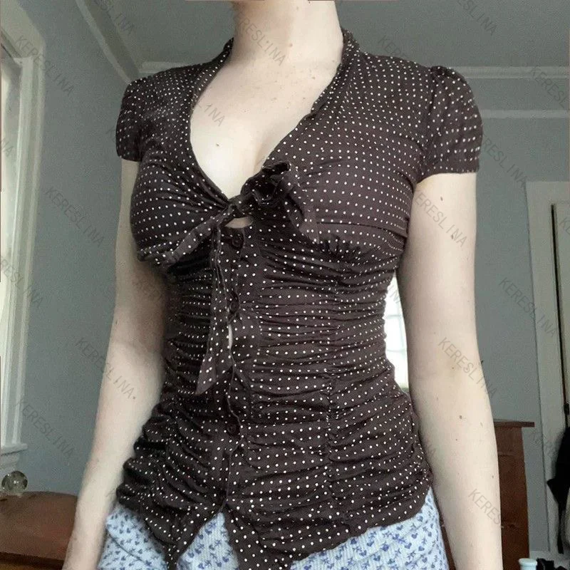 Camicia estiva europea e americana sexy slim fit con scollo a V maculato top vintage high street dolce piccante camicia femminile stile ragazza