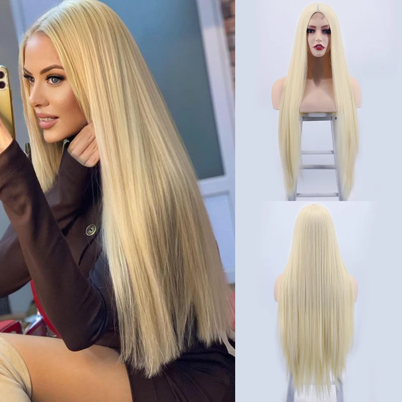 Wig lurus pirang 32 inci Wig bagian tengah Super panjang untuk penggunaan sehari-hari wanita Wig Cosplay sintetis alami serat tahan panas