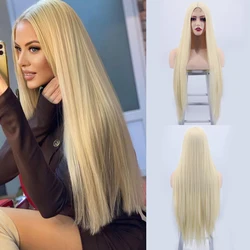 Peluca recta Rubia de 32 pulgadas para mujer, pelucas de parte media súper largas para uso diario, peluca de Cosplay sintética Natural, fibra resistente al calor