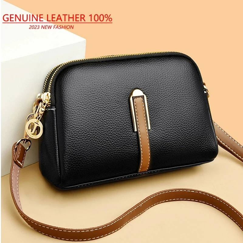 

100% Genuine Leather Women's Shoulder Bag Cowhide Flap Handbag Luxury Designer Style Messenger Crossbody Bag