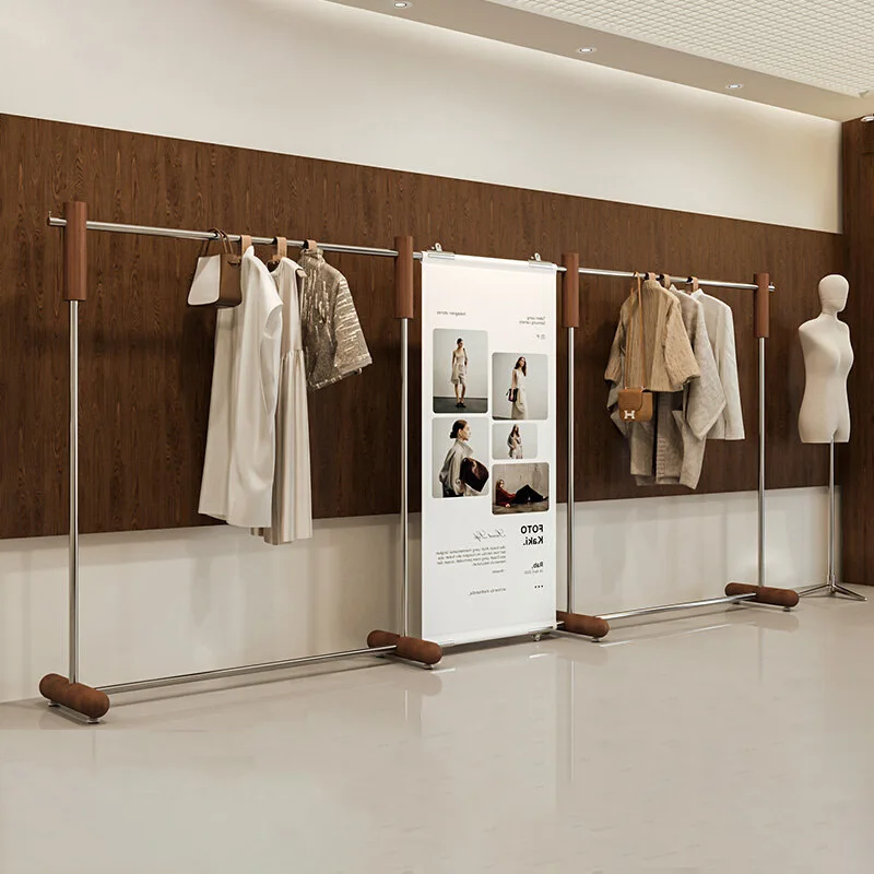 Clothing store floor-to-ceiling display rack Large tube walnut color hanger Women's clothing store display rack