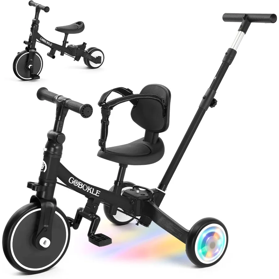 دراجة ثلاثية العجلات 5 في 1 للأطفال الصغار 1-3 دراجة أطفال قابلة للتحويل مع مقبض دفع ودواسات قابلة للإزالة دراجة توازن مع ضوء ملون #1