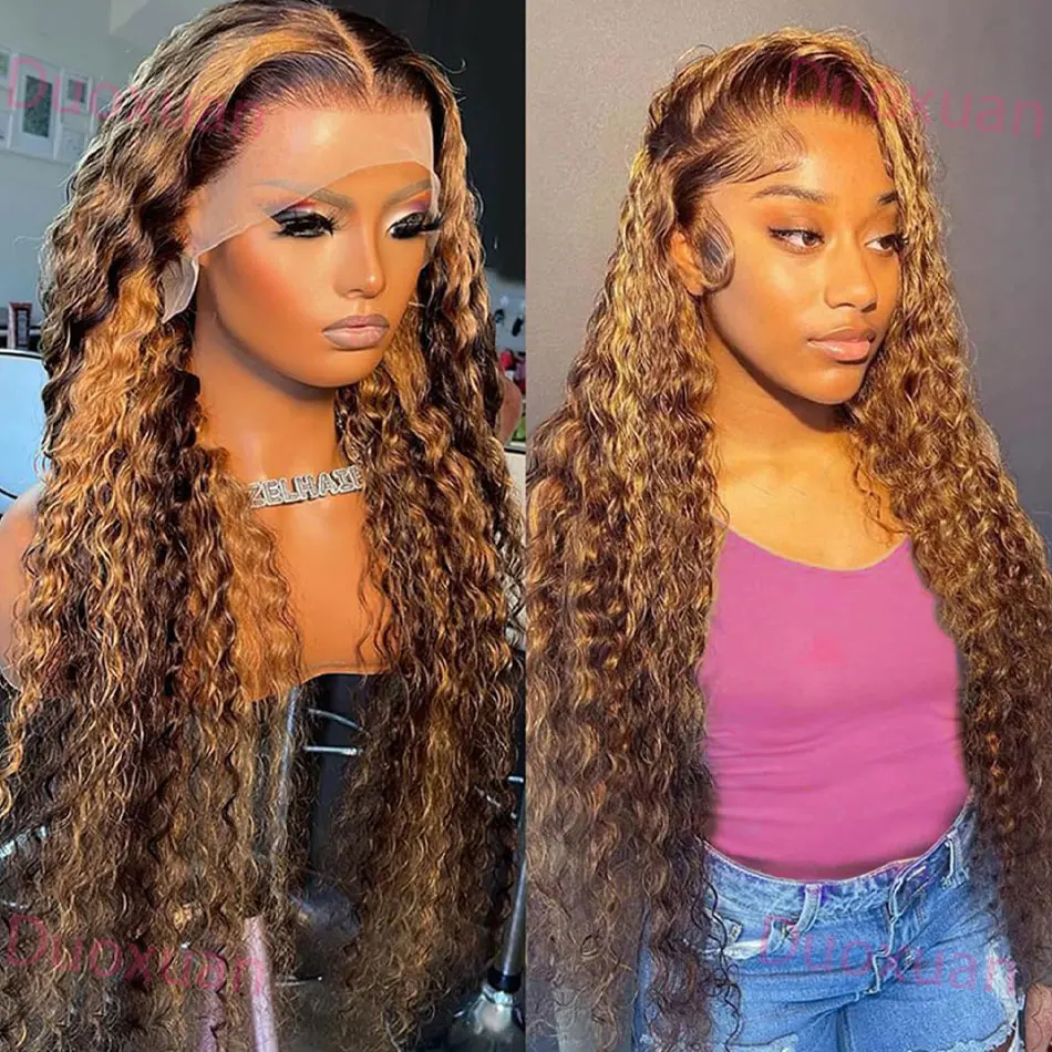 

P427 Ombre Highlight Human Hair Wig Deep Wave 13x6 Hd Lace Frontal Wig 200% Density Pre Plucked Ombre Honey Blonde Brown Wig