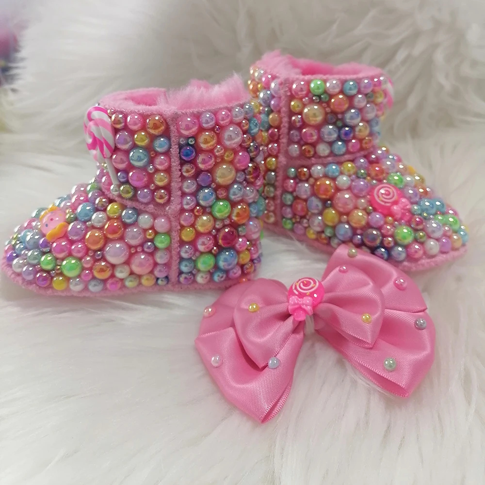 Handmade Bow Hairband Rhinestones Baby Girl Snow Boots Winter Shoes Comb First Walker Sparkle Bling Crystal Princess Shower Gift