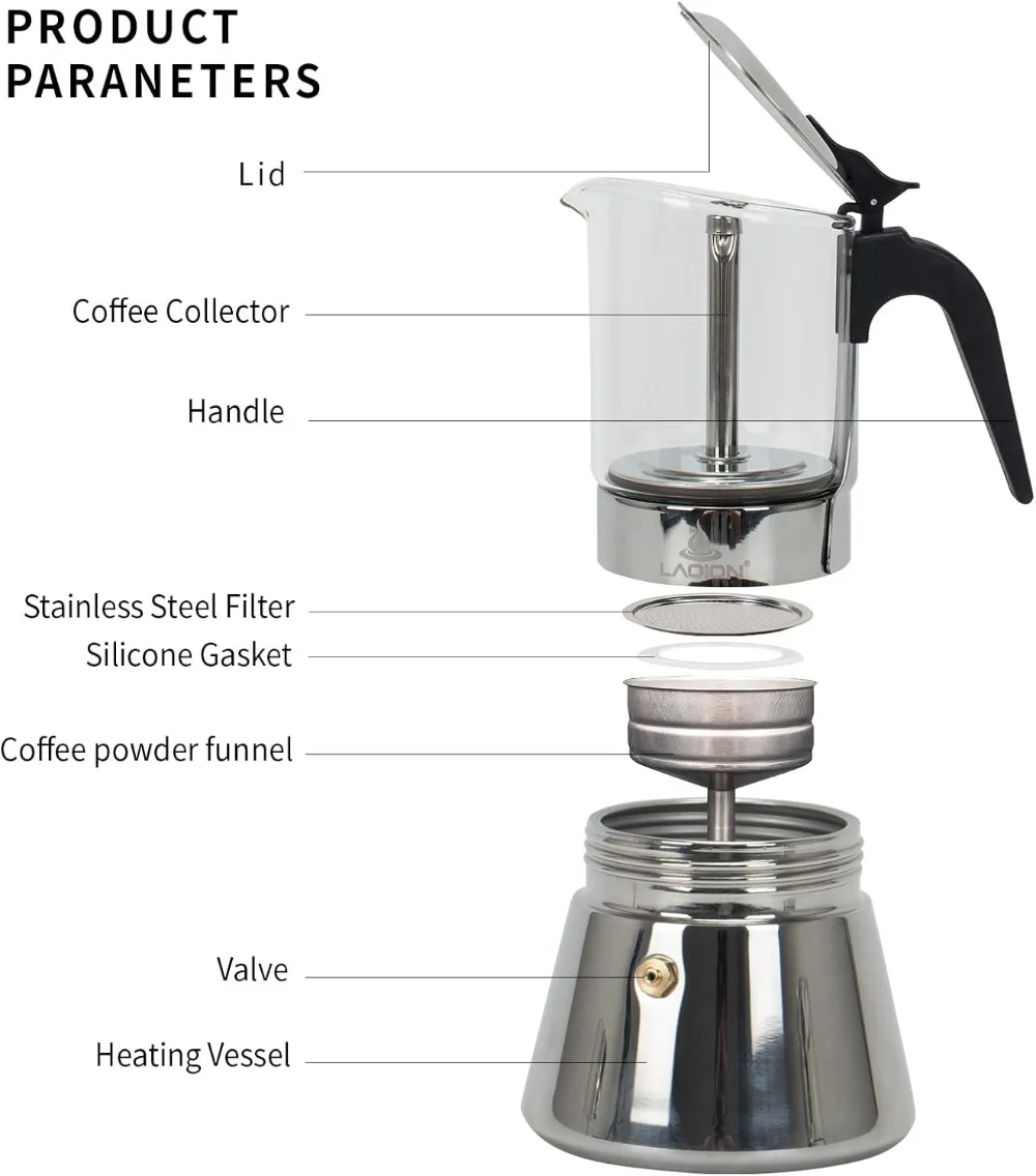 6-Cup Stovetop Espresso Maker, 240ml Moka Pot, Glass-Top & Stainless Steel, for Cuban & Italian Coffee view 3
