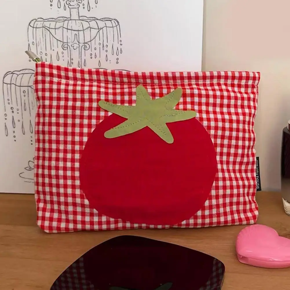 Red Tomato Print Cosmetic Bag Cute Plaid Makeup Bag Simple Versatile Handbag For Daily Use Portable Toiletry Pouch Storage bag