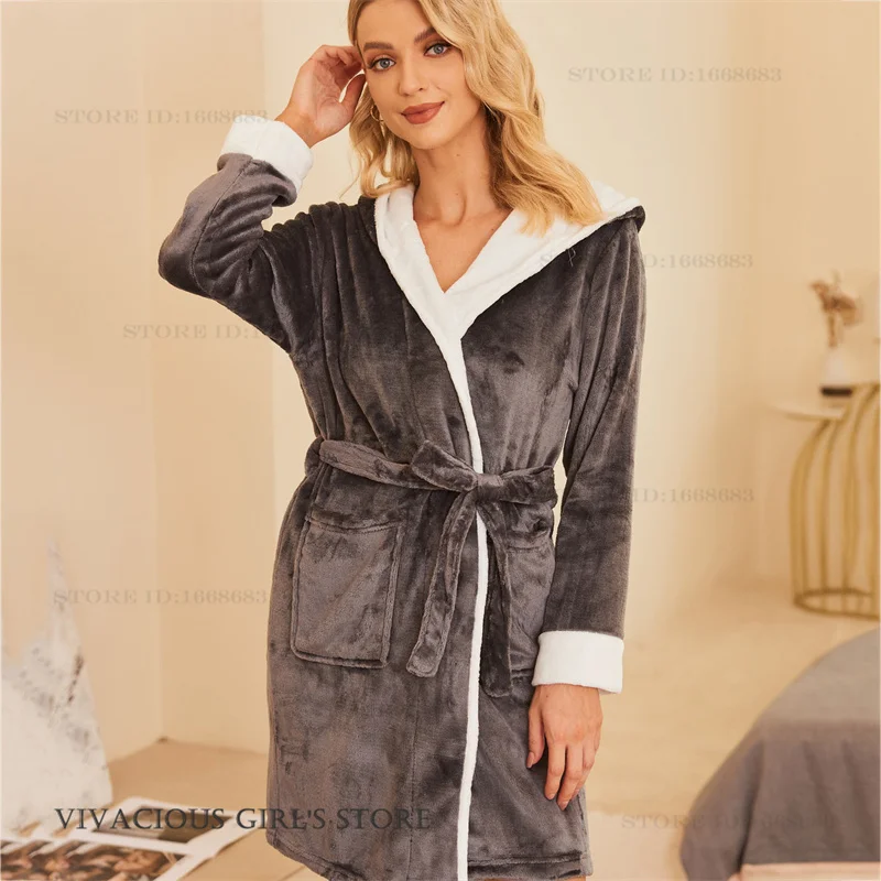 Thicken Warm Flannel Robe Home Dress Hooded Kimono Bathrobe Gown with Pocket Autumn Winter New Sleepwear Loungewear Loose Pajama