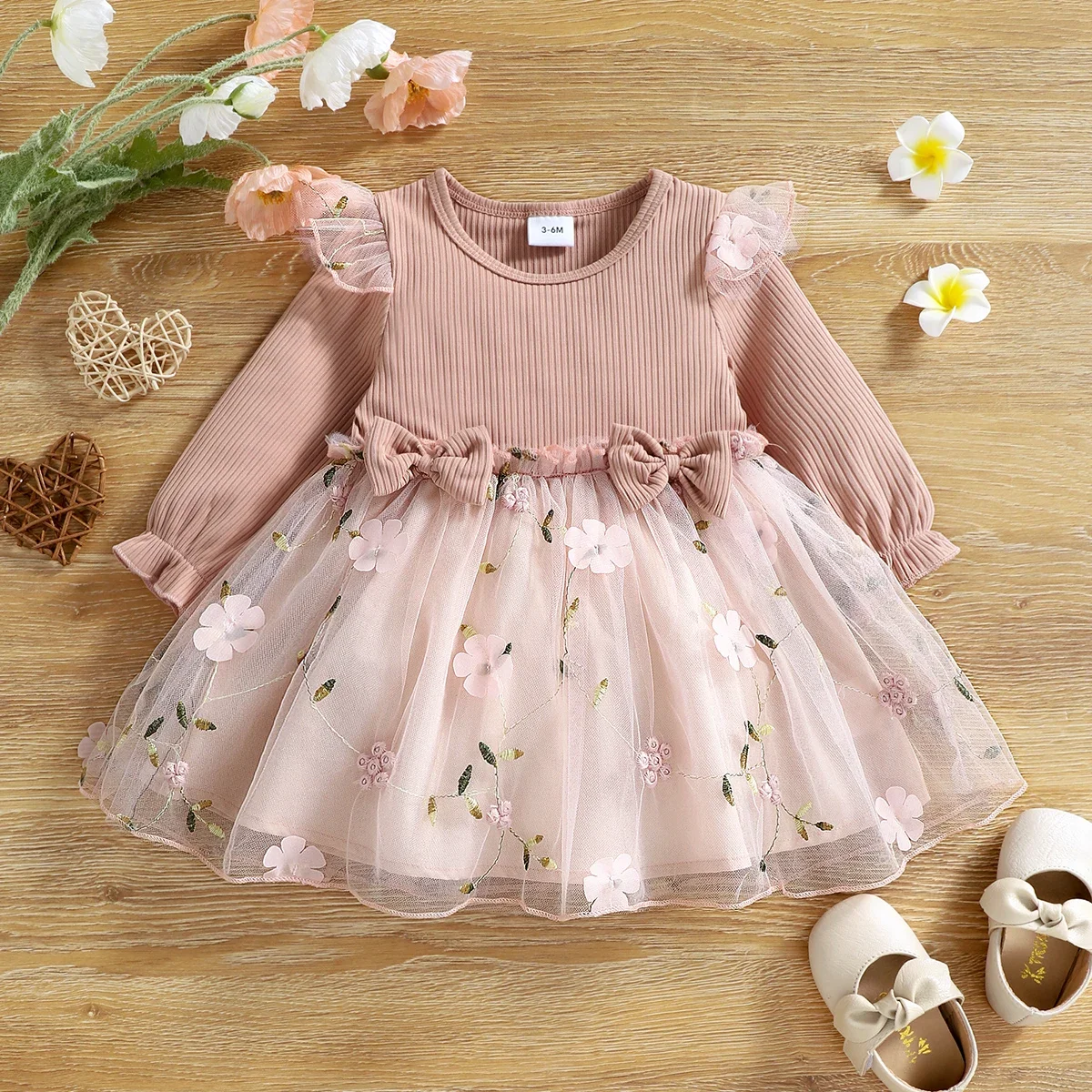 PatPat Baby Girl Pink Ribbed Long-sleeve Bowknot Floral Embroidered Mesh Dress Perfect for Outings and Daily Wear