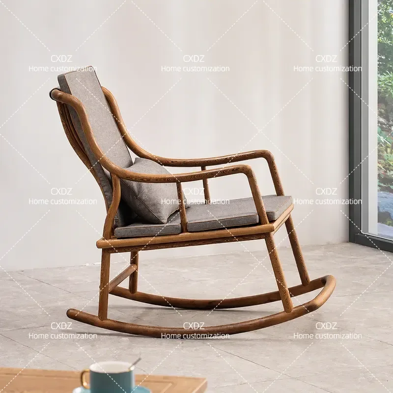 Solid Wood Rocking Recliner Chair for Home Balcony Leisure Comfortable Back Support Seat for Elderly Relaxation Furniture