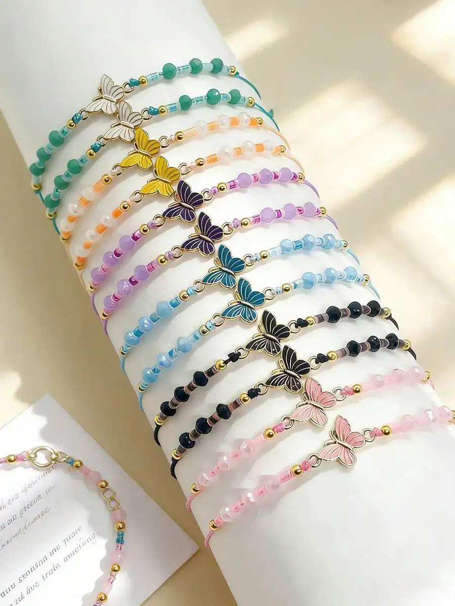 

Butterfly Charm Beaded Bracelet Set For Women Adjustable Stackable Fashion Jewelry