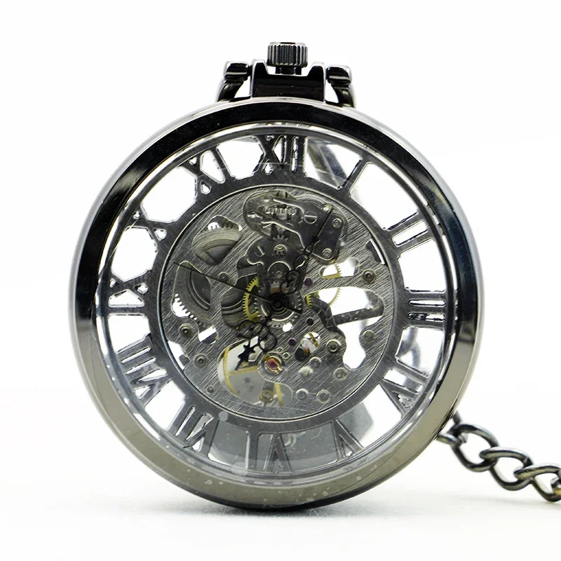 Black Vintage Mechanical Pocket Watch  Luxury Pendant Watch for Men Men with Pocket & Necklace Chain