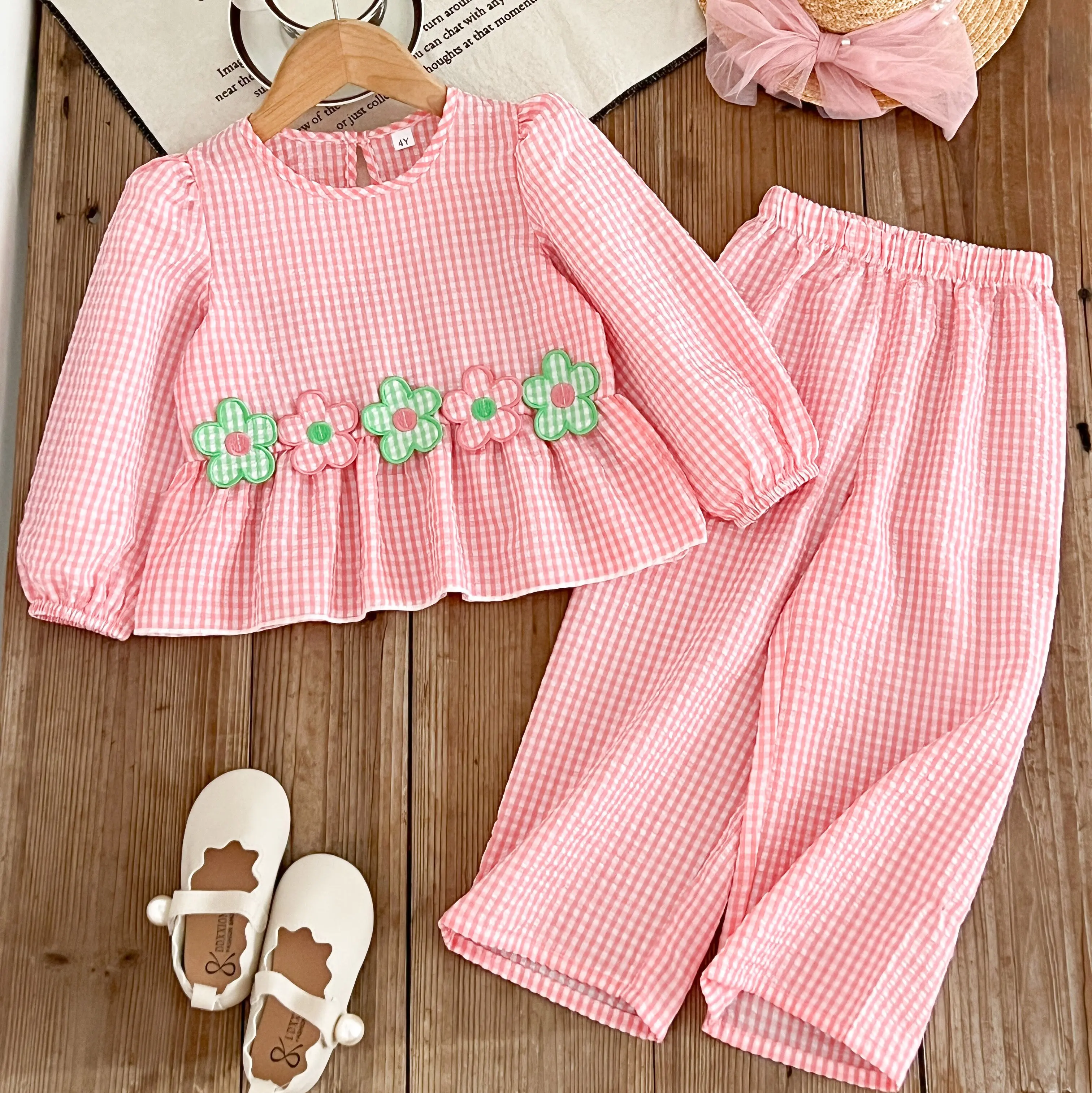 Girl Spring Set Flower Patch Plaid Long Sleeve Top+Straight Leg Pants 2-piece  Girl Clothing Suits