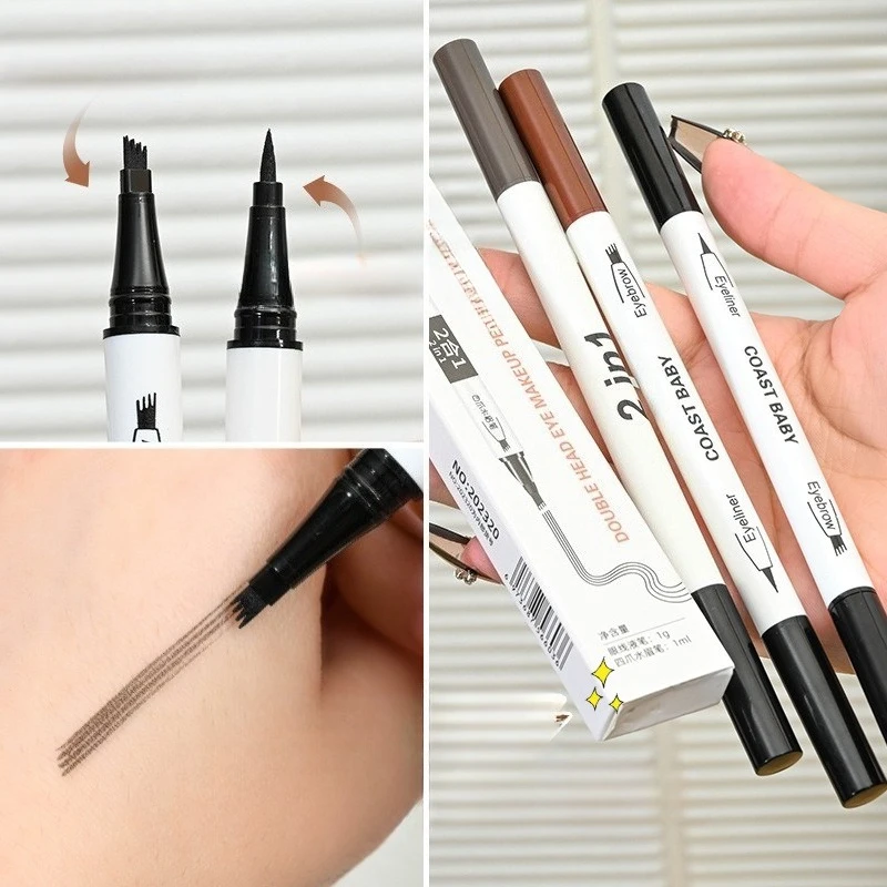 قلم حواجب مقاوم للماء - قلم حواجب سائل مكون من 4 شقوق + محدد عيون مزدوج الأطراف، مكياج مقاوم للتلطخ والعرق