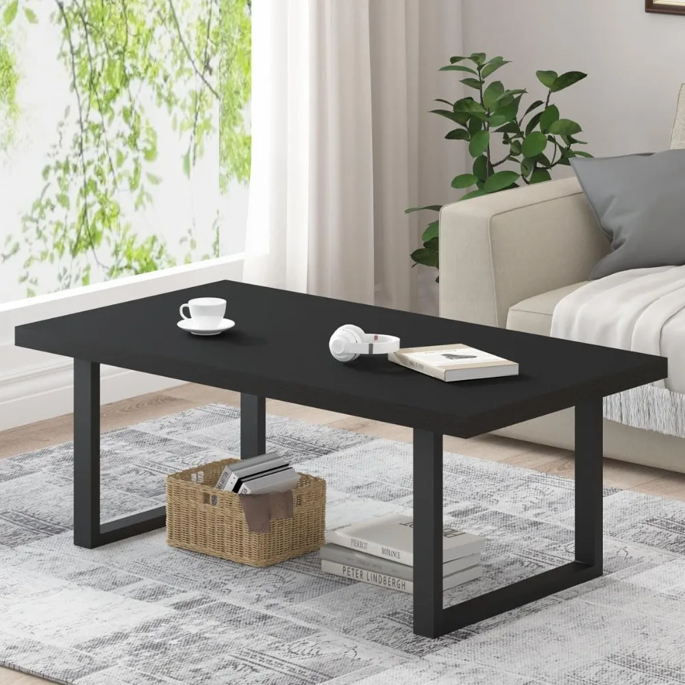 

Modern Black Coffee Table, Minimalist Industrial Wooden Center Table, Simple Farmhouse Rectangle Living Room Table, Wood