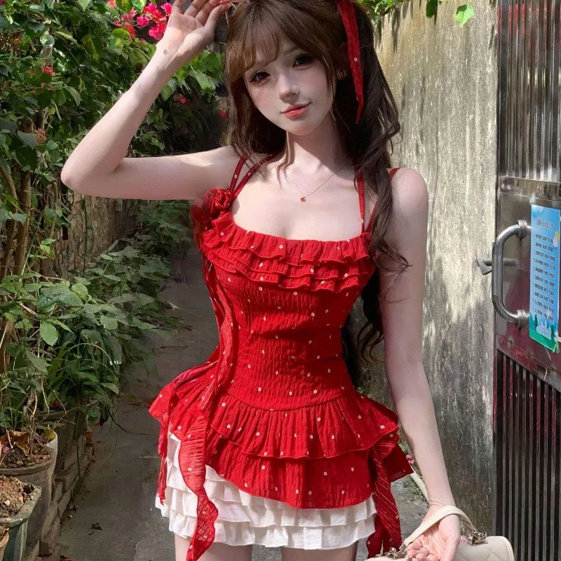 

Streetwear Female Sweet Cute Girl Red Polka Dot Chic Design Spaghetti Strap Top+skirt Sets Summer New Women Clothes 2 piece Set