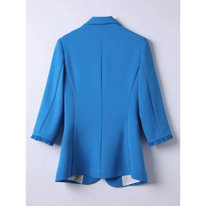 Blazer Formel Imbibé pour Femme, Veste de Bureau, Manteau à Bouton Unique, Couleur Unie Bleue et Blanche, Manches sulf3/4, Printemps et Été