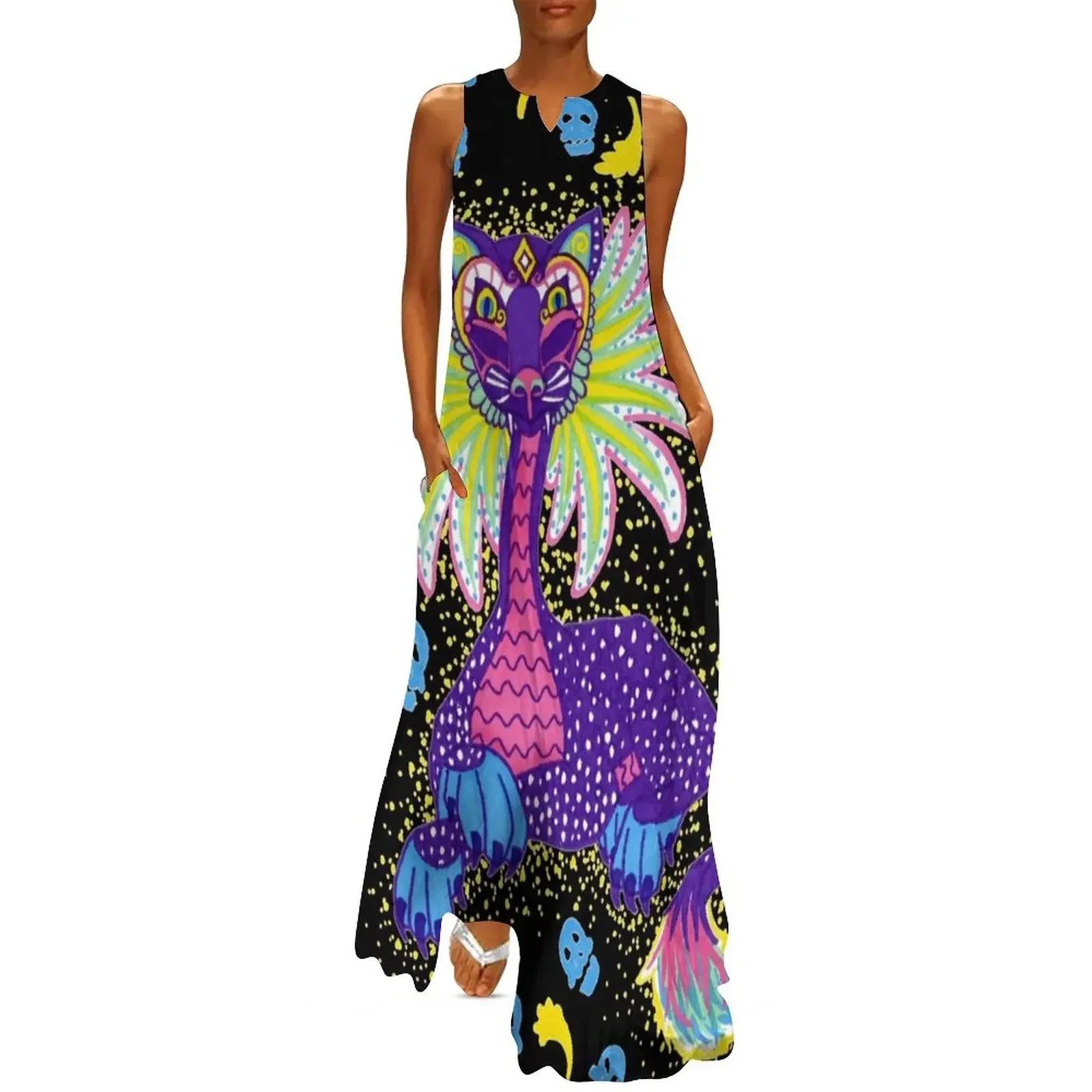 Alebrije mexicano Dia De Los Muertos Día De los Muertos Gato grande espíritu Animal vestido largo ropa de mujer vestido