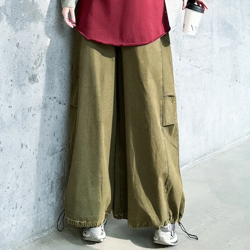 

SuperAen American Retro Pocket High Waist Wide Leg Pants Women Spring 2025 New High Street Solid Color Loose Casual Long Pants