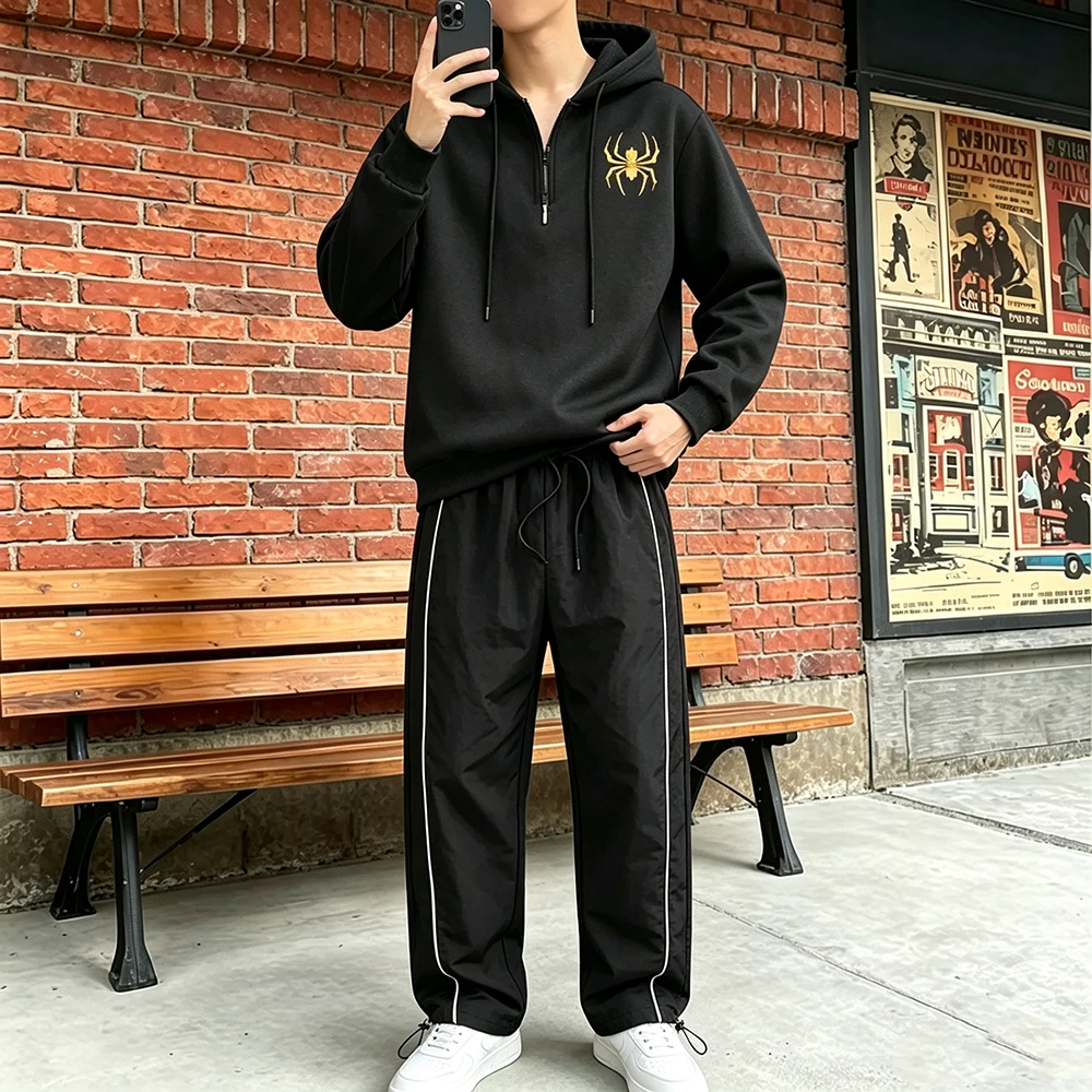 Mens Tracksuit Gold Foil Spider Print Half Zip Hoodie Side Stripes Adjustable Drawstring Hem Long Pa