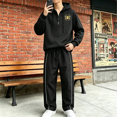 Mens Tracksuit Gold Foil Spider Print Half Zip Hoodie Side Stripes Adjustable Drawstring Hem Long Pants 2Pcs Casual Sport Set