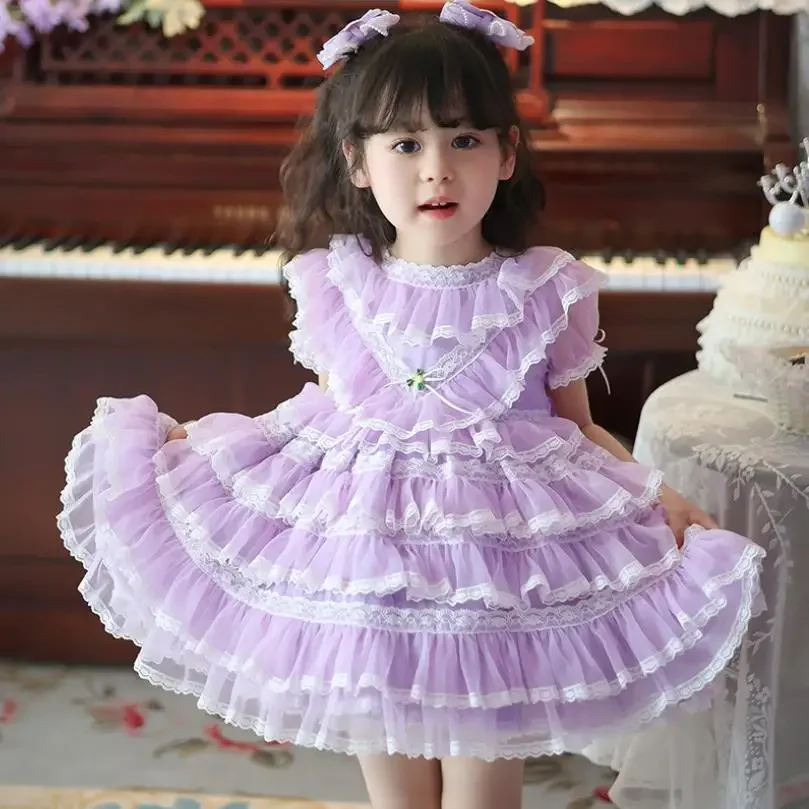 

2024 Summer New Children's Spanish Lolita Princess Ball Gown Lace Stitching Birthday Baptism Easter Eid Party Girls Dress