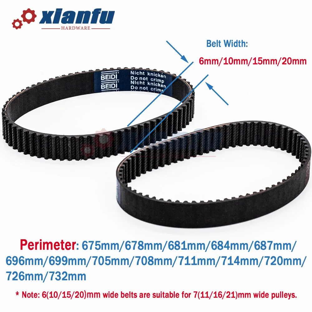 HTD 3M Timing Belt Closed Loop Width 6/10/15/20mm Lp=675 678 681 684 687 696 699 705 708 711 714 720 726 732mm Rubber Perimeter