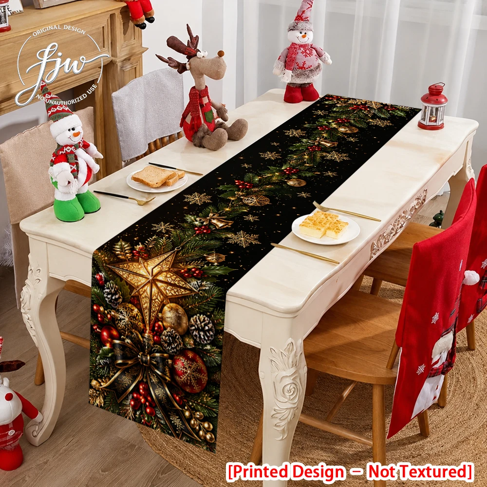1pc Christmas Vintage Gold Star Table Runner Holiday Winter Table Decoration for Dining Room Kitchen Party