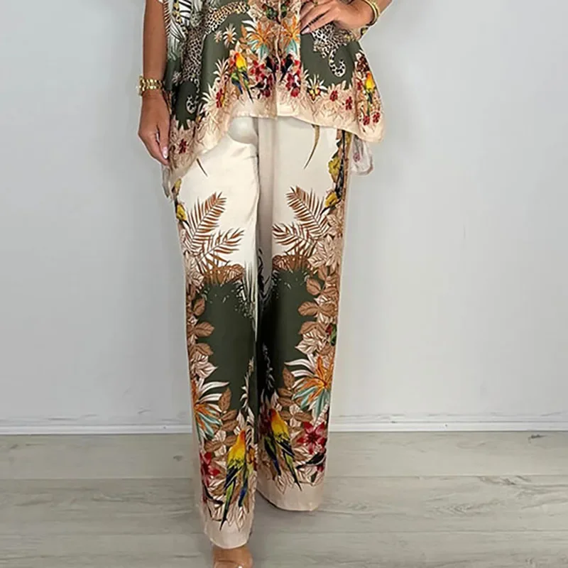 レトロ柄プリントサテン レディース ツーピースセット セクシーVネックボタンシャツ＆パンツ outfits 春夏 バットウィングスリーブ ルーズスーツ