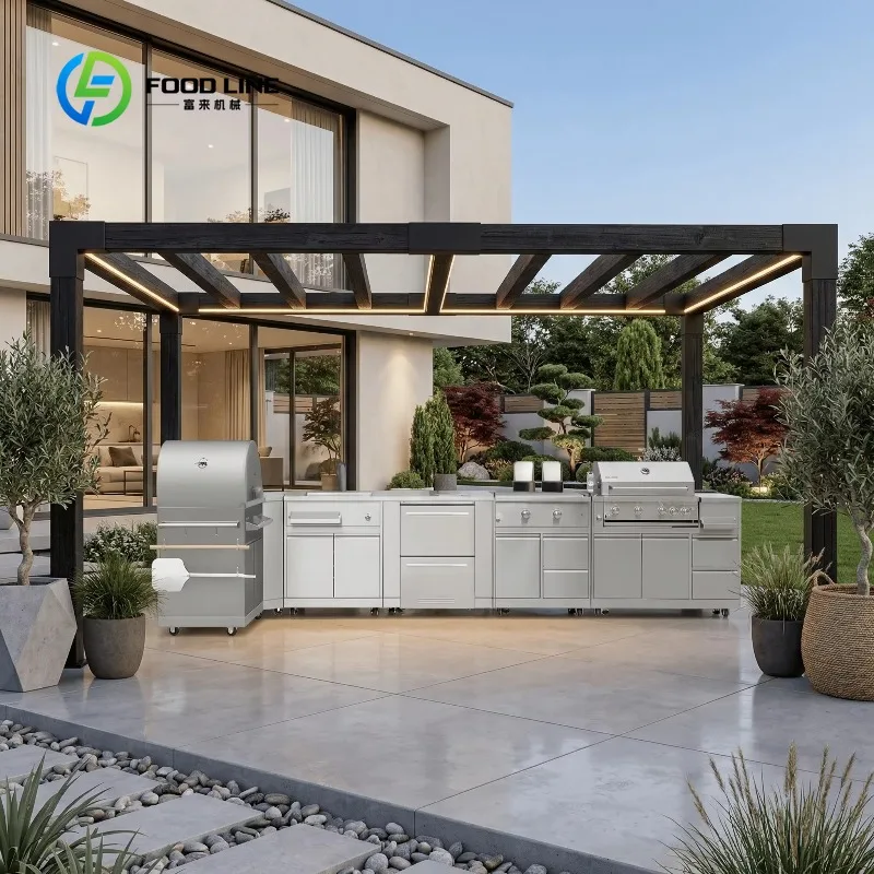 Customized Stainless Steel Outdoor Kitchen with Waterproof Aluminum Pergolas Outdoor Kitchen Cabinets with Complete BBQ Setup