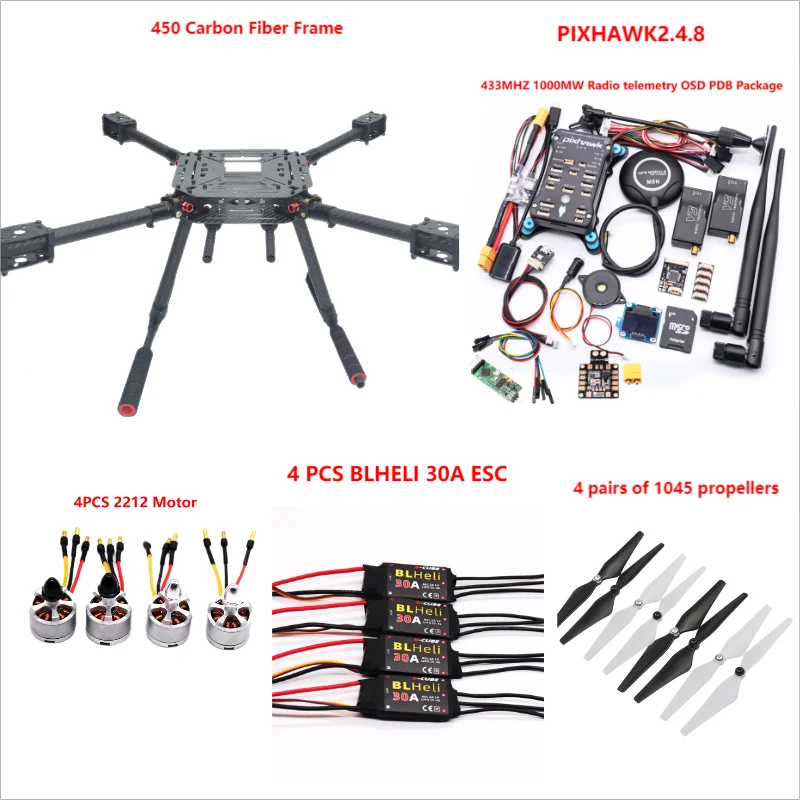 PIXHAWK2.4.8 Flight Control Carbon Fiber 450 Frame Kit Ardupilot 100MW Radio Telemetry Quadcopter BLHELI 30A 2212 Motor ESC