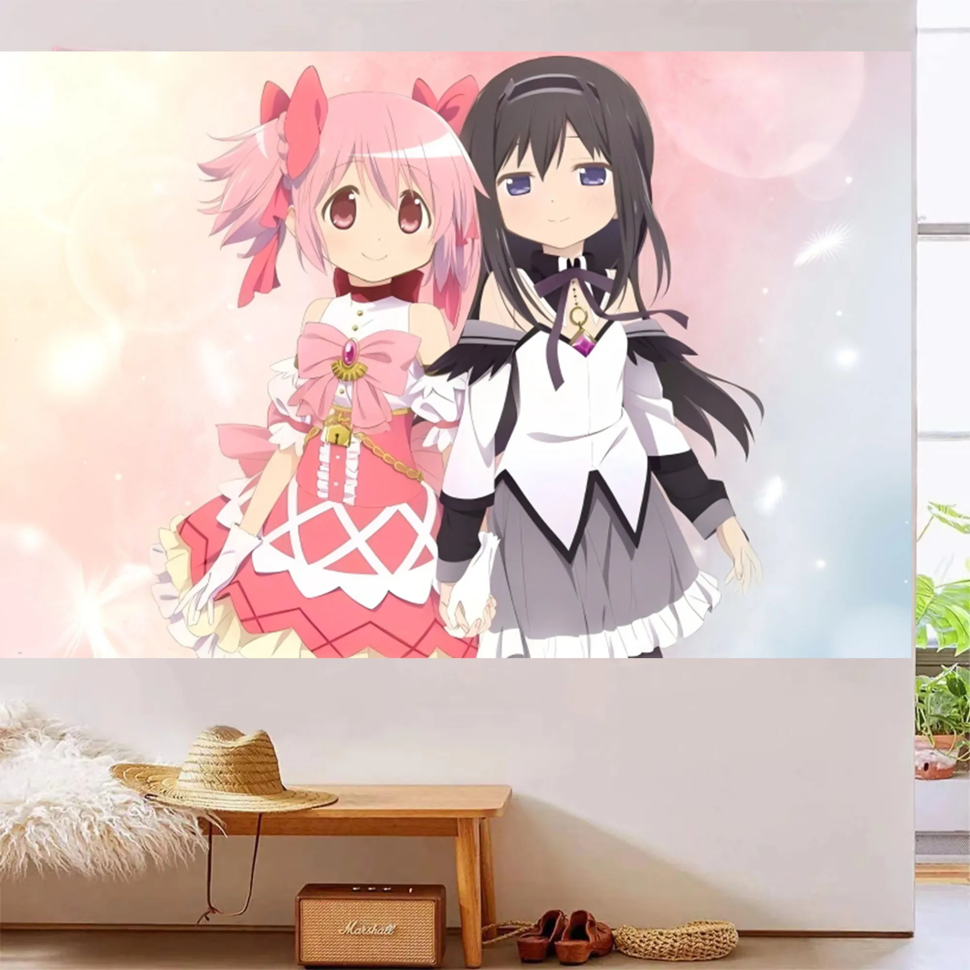 1pc Magical Girls Hand In Hand Tapestry Pastel Bubble Background Wall Hanging Dreamy Cartoon Decor Bedroom Dorm Fan Home Gift