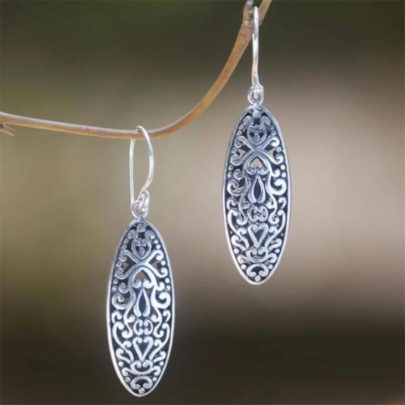 Ethnic Silver Color Geometry Earrings Vintage Bohemian Metal Carving Pattern Hollow Dangle Earrings for Women Jewelry