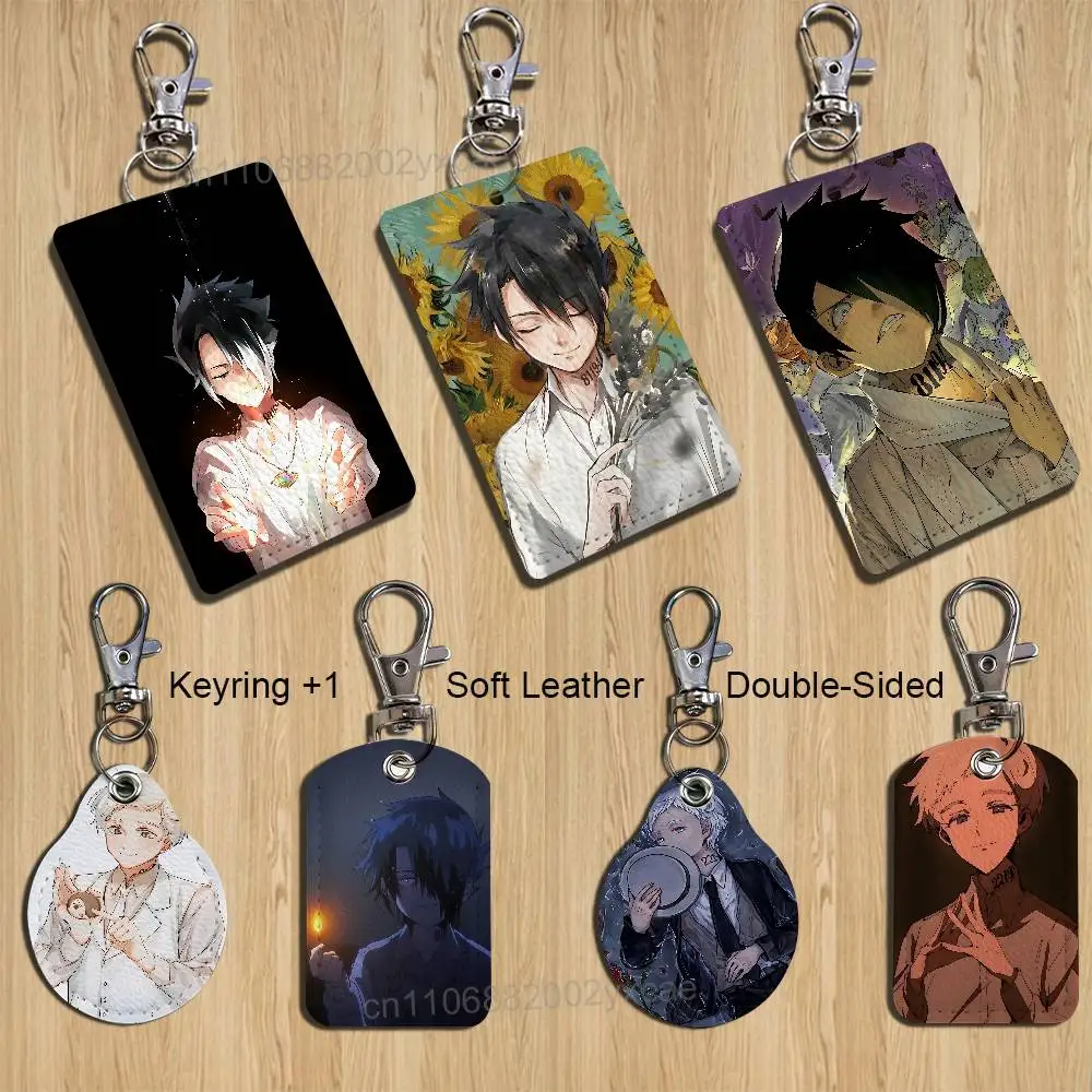 Norman Ray Promised Neverland Rectangle ID Card Case Keychain Access Card Bag Key Tag Ring Leather Card Holder Key Ring Access