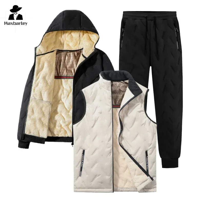 Autumn and Winter Sportswear suit Male Casual Graphene Wool Warm Hooded Jacket Vest + Pants 3 Piece Set Fashion Men's Clothing