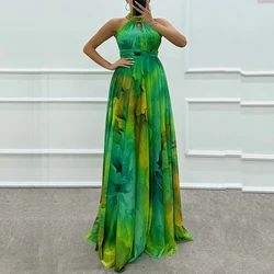 Vintage Pattern Printed Sleeveless Party Dress Casual High Waist Bohemian Dresses New Sexy Halter Hollow Out Women's Long Dress