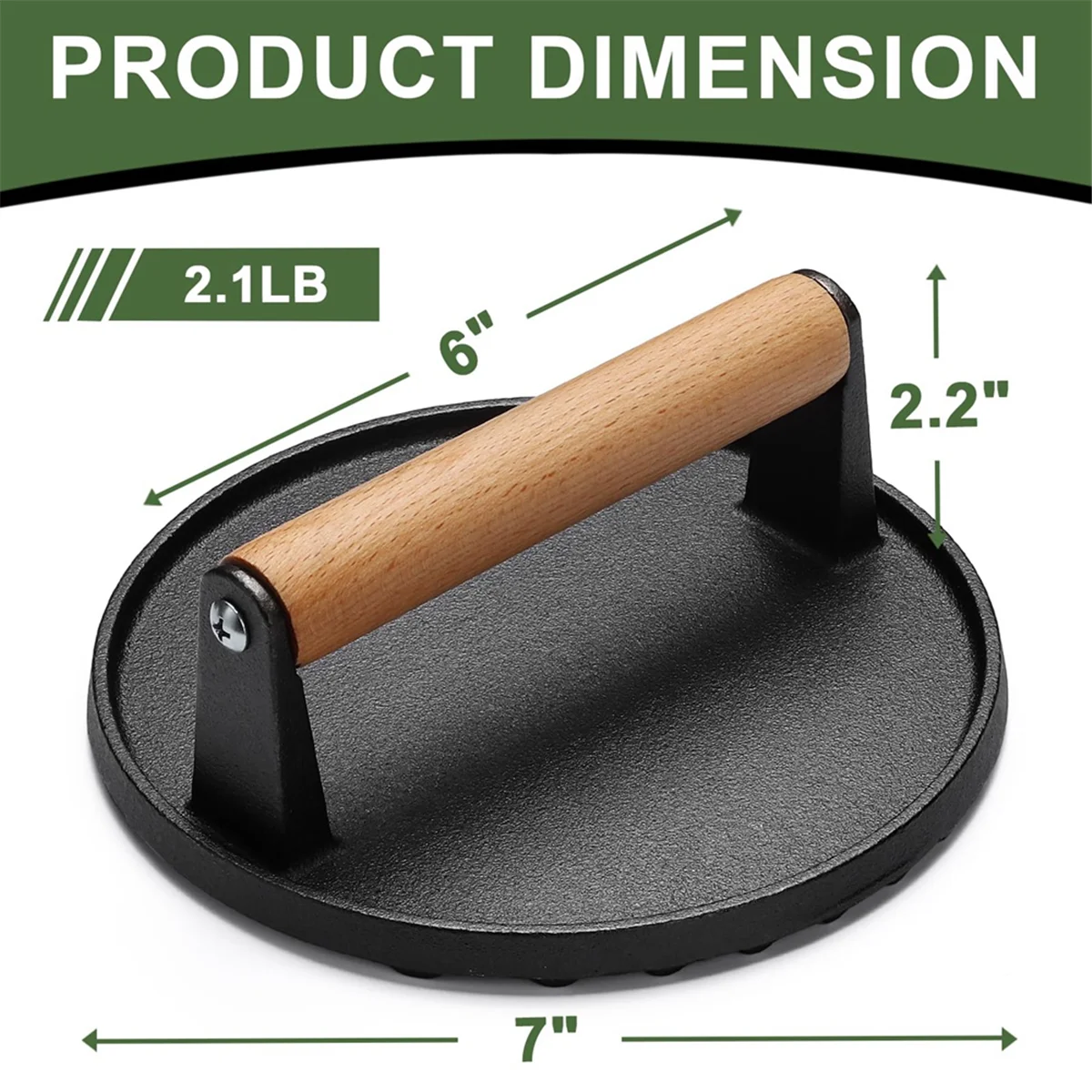 Burger Press 7Inch Round Cast Iron Smash Bacon Press Meat Steak with Wood Handle for Griddle, Sandwich, Nonstick Pan