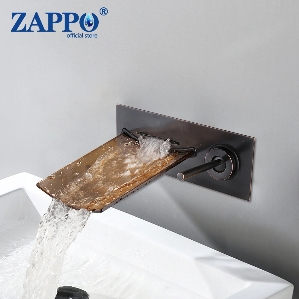 

ZAPPO ORB Black Bathroom Faucet Glass Spout Waterfall Bathtub Faucets Single Handle Sink Tap Mixer Wall Mounted