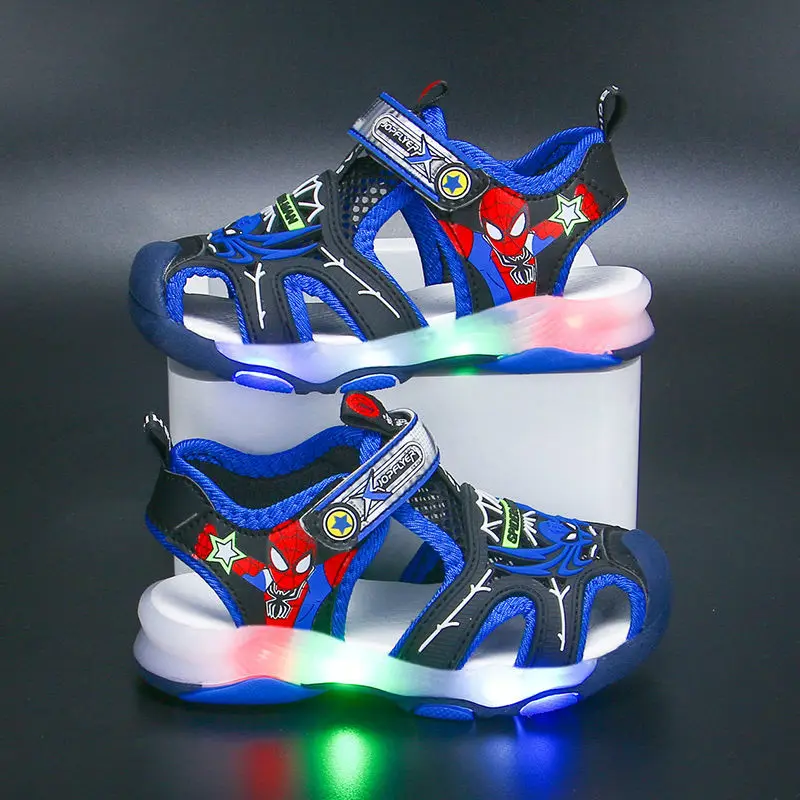 Sandales à Semelle Souple avec Lumière LED pour Garçon, Chaussures Décontractées, en Maille, Bleues et Rouges, pour la Plage, Taille 23 à 34, Été