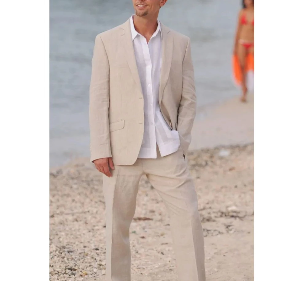 

2024 High Quality Beige Linen Suits for Men Single Notch Lapel Slim Fit 2 Piece Jacket Pants Beach Wedding Full Set