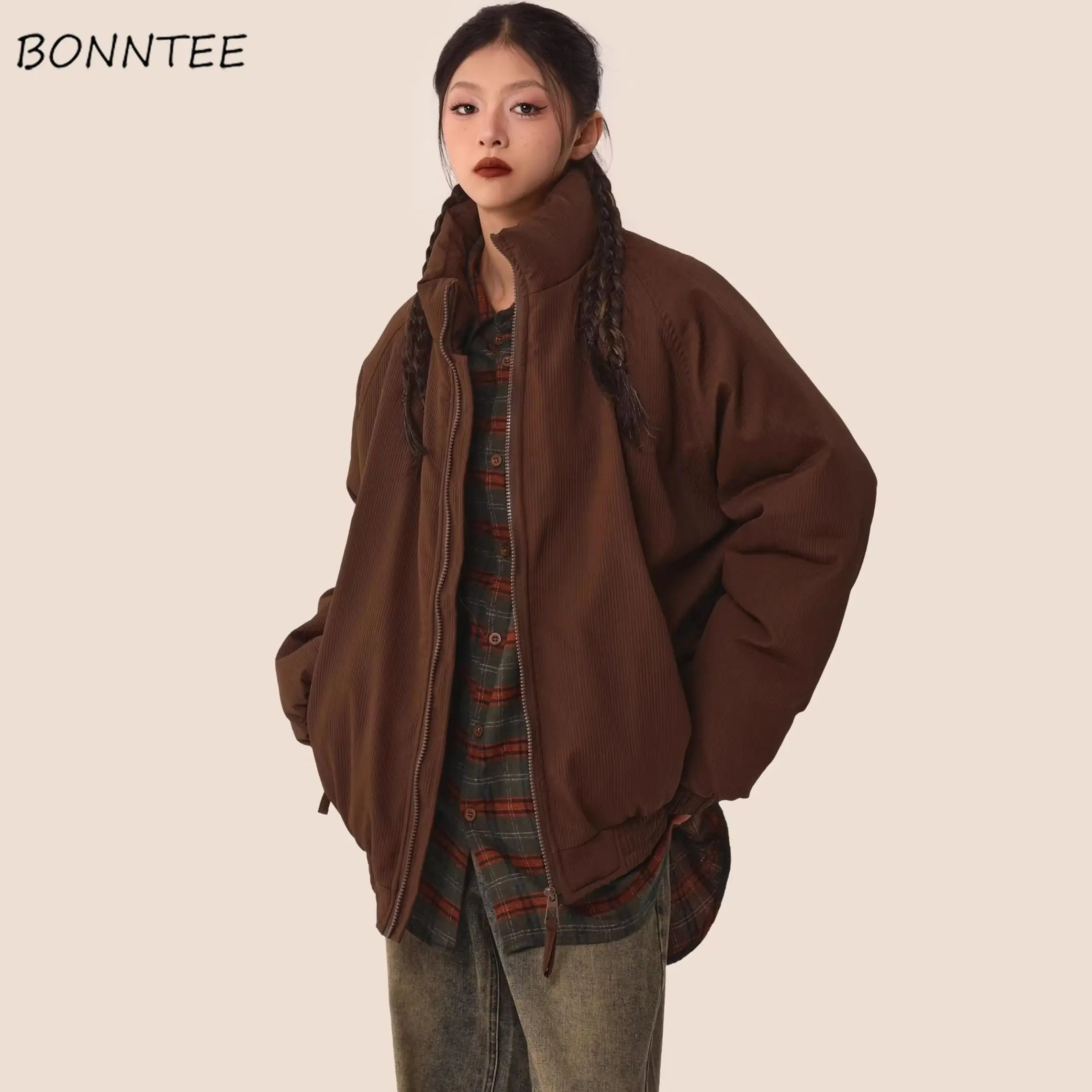 Vintage Parkas Women Winter Keep Warm Thicker Stand Collar Harajuku Zipper Loose Casual Coats Pockets All-match Streetwear Chic