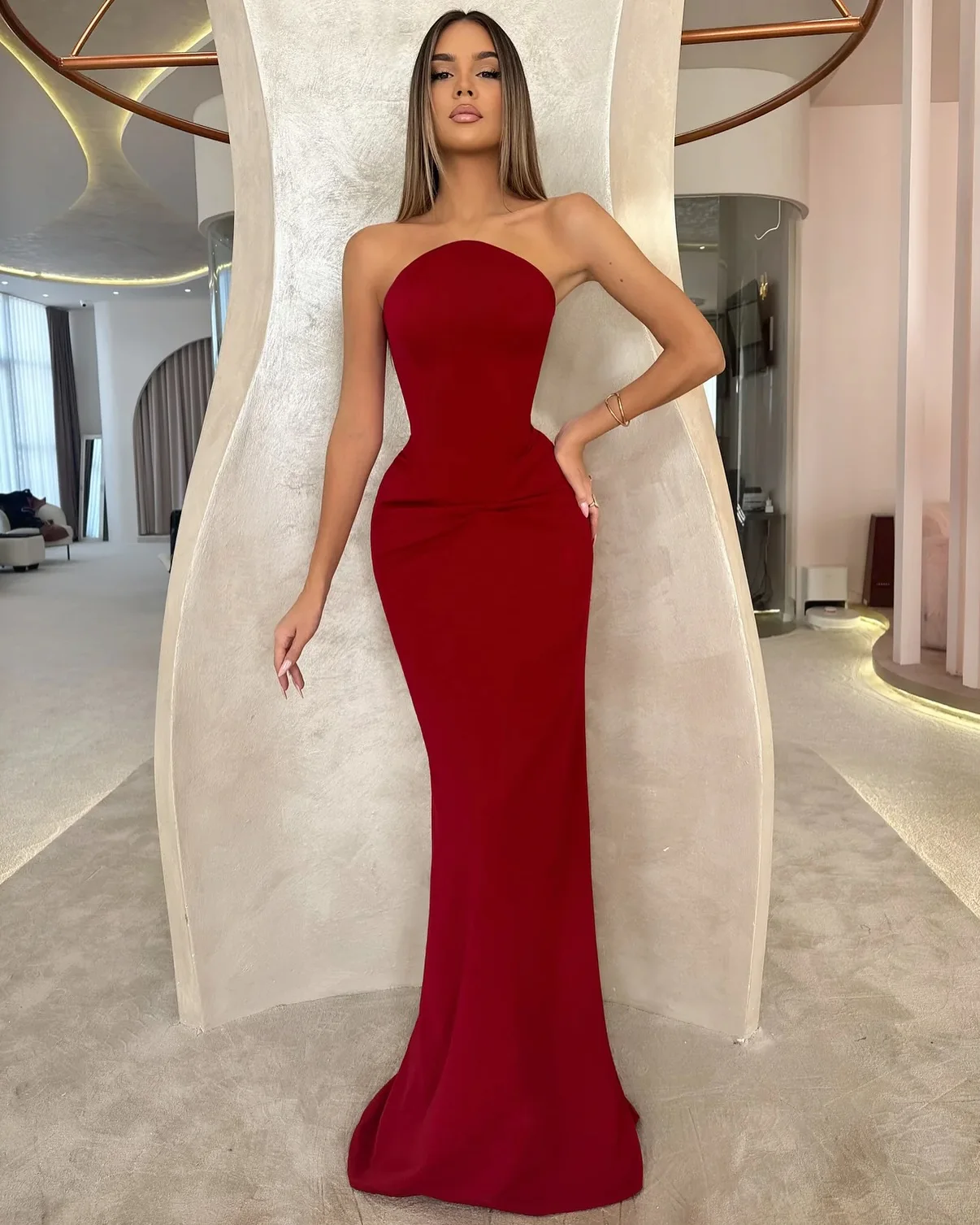 

Customized High Quality Mermaid Scalloped Jersey Evening Dress Temperament Pleats Sweep Train Photo Color Vestido De Festa